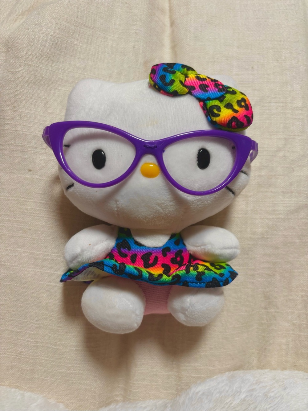 Sanrio Hello Kitty Plush with Purple Glasses and Rainbow Leopard Outfit